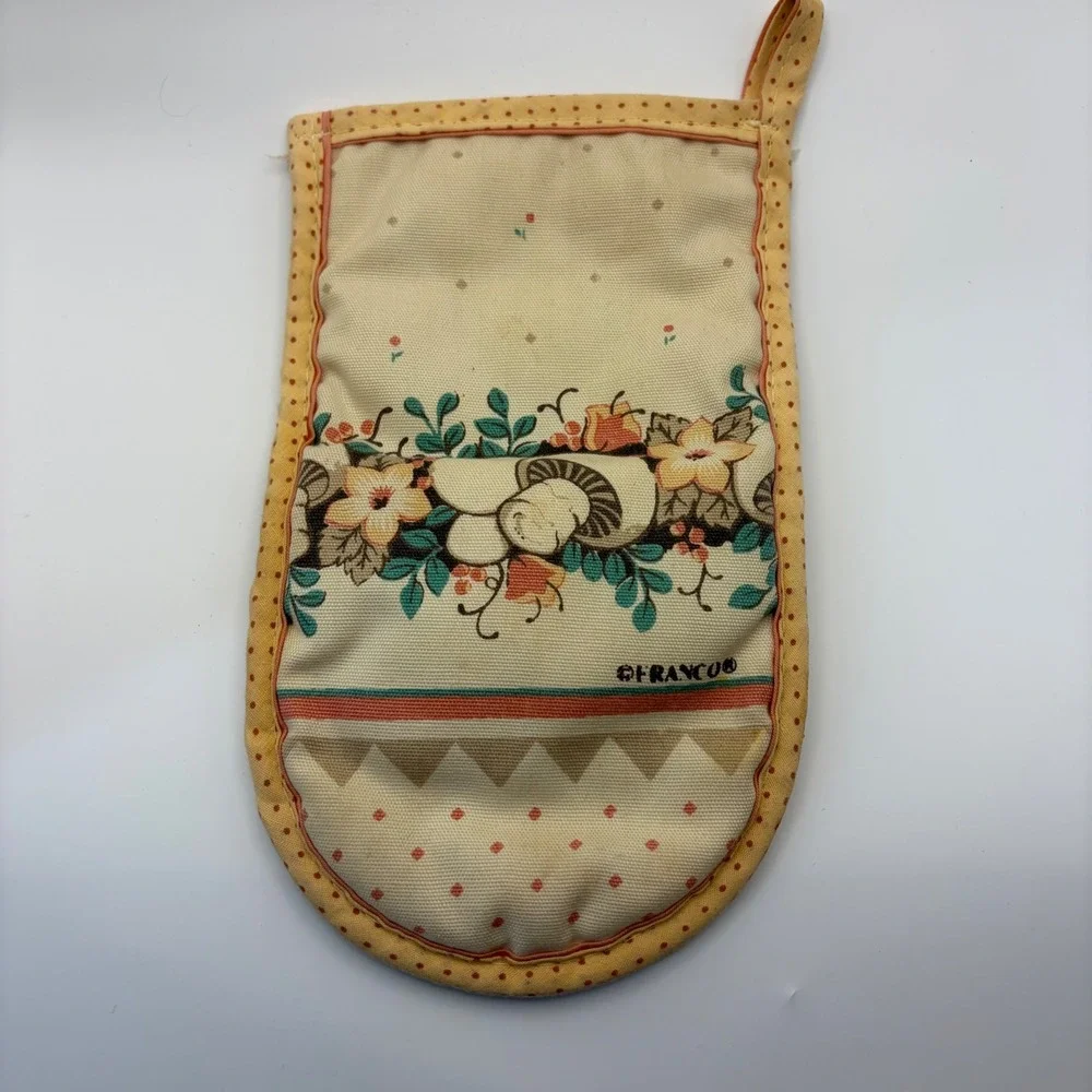 Vintage Franco Mushroom Floral Oven Mitt Yellow Polka Dot Cottagecore Retro